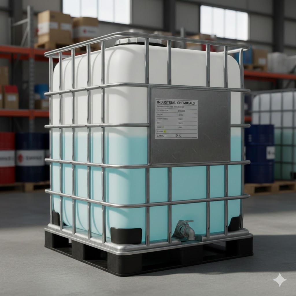 Worker cleaning an IBC tote